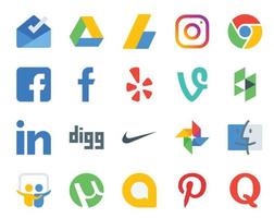 20 social medios de comunicación icono paquete incluso google hola compartir diapositivas vino descubridor nike vector