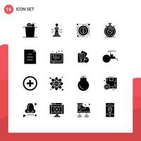 Mobile Interface Solid Glyph Set of 16 Pictograms of file practice details meditation clock Editable Vector Design Elements