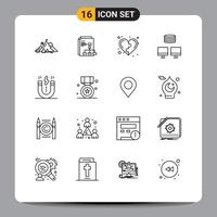 Pack of 16 Modern Outlines Signs and Symbols for Web Print Media such as creative database report backup heart Editable Vector Design Elements
