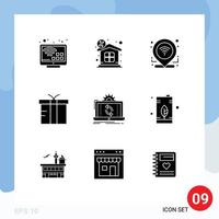 Group of 9 Modern Solid Glyphs Set for processing global check in gift box Editable Vector Design Elements