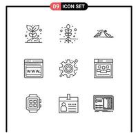 Editable Vector Line Pack of 9 Simple Outlines of gear webpage mountain web sun Editable Vector Design Elements