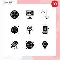 Editable Vector Line Pack of 9 Simple Solid Glyphs of search market enhance commerce upside Editable Vector Design Elements