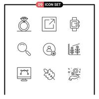 Set of 9 Vector Outlines on Grid for contact tweet school hash tag search Editable Vector Design Elements