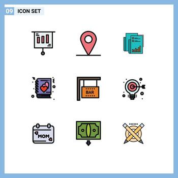 9 9 línea de relleno plano color concepto para sitios web móvil y aplicaciones bar firmar cuaderno auditoría amor papel editable vector diseño elementos