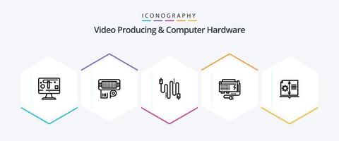 Video Producing And Computer Hardware 25 Line icon pack including book. power. audio. computer. apc vector