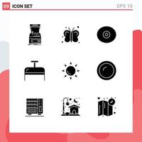 Group of 9 Modern Solid Glyphs Set for shinning sun farming travel bag Editable Vector Design Elements