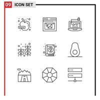 User Interface Pack of 9 Basic Outlines of book plant access palm laptop Editable Vector Design Elements