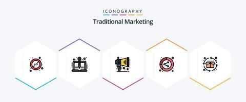 tradicional márketing 25 línea de relleno icono paquete incluso compartir. datos. narración conversión. altavoz vector