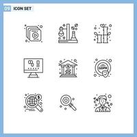 Group of 9 Modern Outlines Set for coin science bamboo laboratory biology Editable Vector Design Elements