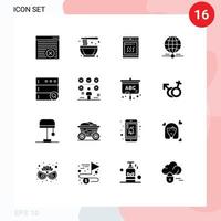 Modern Set of 16 Solid Glyphs and symbols such as database data oven worldwide earth Editable Vector Design Elements