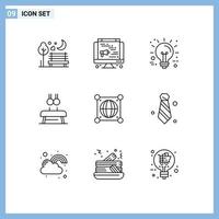 Mobile Interface Outline Set of 9 Pictograms of globe rings business gymnastic exercise Editable Vector Design Elements