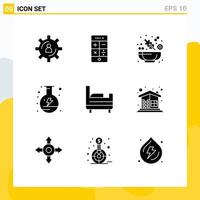 Universal Icon Symbols Group of 9 Modern Solid Glyphs of bed room flask technology power electricity Editable Vector Design Elements