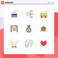 Flat Color Pack of 9 Universal Symbols of medal shop management open transport Editable Vector Design Elements
