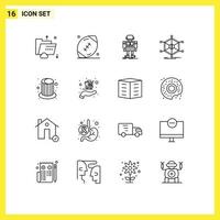 Set of 16 Commercial Outlines pack for info data game technology robot Editable Vector Design Elements