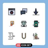 Pack of 9 Modern Filledline Flat Colors Signs and Symbols for Web Print Media such as gem diamond bottom charge electric Editable Vector Design Elements