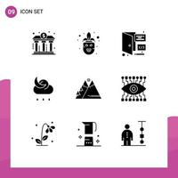 Modern Set of 9 Solid Glyphs Pictograph of mountains night mask moon page Editable Vector Design Elements