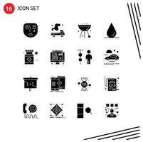 Set of 16 Vector Solid Glyphs on Grid for hospital water pollution drop food Editable Vector Design Elements