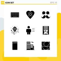 Group of 9 Modern Solid Glyphs Set for body analytics movember spring kite Editable Vector Design Elements