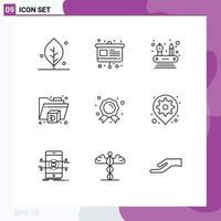 Pictogram Set of 9 Simple Outlines of gear champion abilities badge folder Editable Vector Design Elements