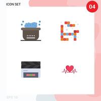 Set of 4 Vector Flat Icons on Grid for animals clapperboard clean play heartbeat Editable Vector Design Elements