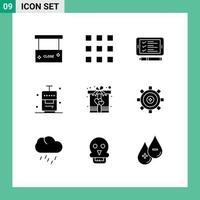 Set of 9 Vector Solid Glyphs on Grid for box travel number suitcase shopping Editable Vector Design Elements