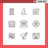 Mobile Interface Outline Set of 9 Pictograms of communication security electrical real estate Editable Vector Design Elements