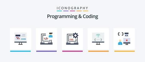 Programming And Coding Flat 5 Icon Pack Including develop. coding. laptop. development. css. Creative Icons Design vector