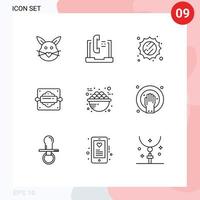 9 Universal Outlines Set for Web and Mobile Applications bowl bread roller laptop baking weather Editable Vector Design Elements