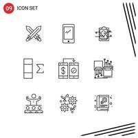 Group of 9 Outlines Signs and Symbols for cashless summary iphone data user id Editable Vector Design Elements