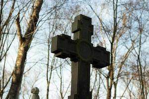 grande cristiano cruzar hecho de oscuro Roca en contra el antecedentes de árbol ramas y cielo. religión concepto foto