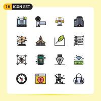 Pictogram Set of 16 Simple Flat Color Filled Lines of road building gadgets office headphone Editable Creative Vector Design Elements