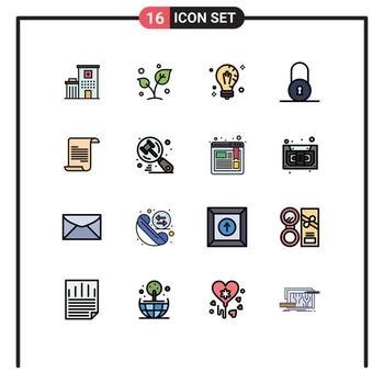 Pack of 16 Modern Flat Color Filled Lines Signs and Symbols for Web Print Media such as file circular tree lock solution Editable Creative Vector Design Elements