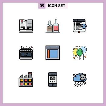 9 Thematic Vector Filledline Flat Colors and Editable Symbols of interface schedule code day coding Editable Vector Design Elements