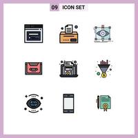 Pack of 9 creative Filledline Flat Colors of laptop compact draft cassette analog Editable Vector Design Elements