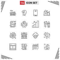 Pack of 16 Modern Outlines Signs and Symbols for Web Print Media such as file wedding smart phone heart handbag Editable Vector Design Elements