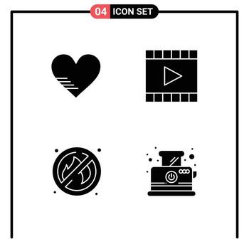 4 Universal Solid Glyphs Set for Web and Mobile Applications heart fire favorite multimedia place Editable Vector Design Elements