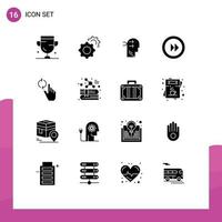 Pack of 16 Modern Solid Glyphs Signs and Symbols for Web Print Media such as hand player mental chang multimedia forward Editable Vector Design Elements