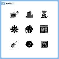 Group of 9 Modern Solid Glyphs Set for setting cog tower scale kitchen Editable Vector Design Elements