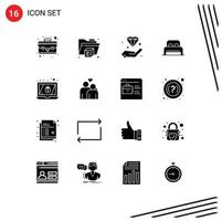 Pack of 16 Modern Solid Glyphs Signs and Symbols for Web Print Media such as couple laptop insurance encryption room Editable Vector Design Elements