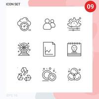 Pack of 9 Modern Outlines Signs and Symbols for Web Print Media such as graph analytics creative play fun Editable Vector Design Elements