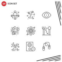 Pack of 9 Modern Outlines Signs and Symbols for Web Print Media such as settings business eye agriculture bee Editable Vector Design Elements