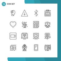 Pack of 16 creative Outlines of like heart bluetooth cell mobile Editable Vector Design Elements