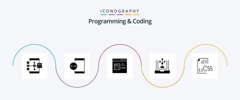 Programming And Coding Glyph 5 Icon Pack Including development. coding. development. html. develop vector