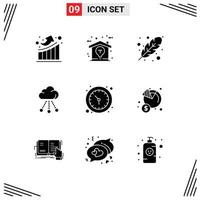 Modern Set of 9 Solid Glyphs Pictograph of time technology autumn storage cloud Editable Vector Design Elements