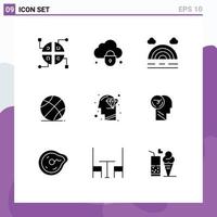Modern Set of 9 Solid Glyphs and symbols such as perfection head rainbow diamond game Editable Vector Design Elements