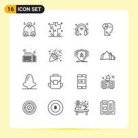 Modern Set of 16 Outlines Pictograph of computer mind graveyard head internet of things Editable Vector Design Elements