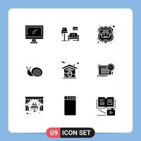 9 Thematic Vector Solid Glyphs and Editable Symbols of house spring gallery snail bug Editable Vector Design Elements