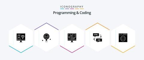 Programming And Coding 25 Glyph icon pack including development. coding. programming. programming. develop vector