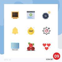 Modern Set of 9 Flat Colors Pictograph of fat notification internet bell wheel Editable Vector Design Elements