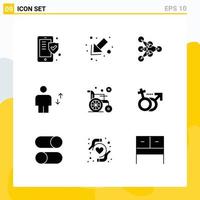 Group of 9 Modern Solid Glyphs Set for wheel move deep human body Editable Vector Design Elements